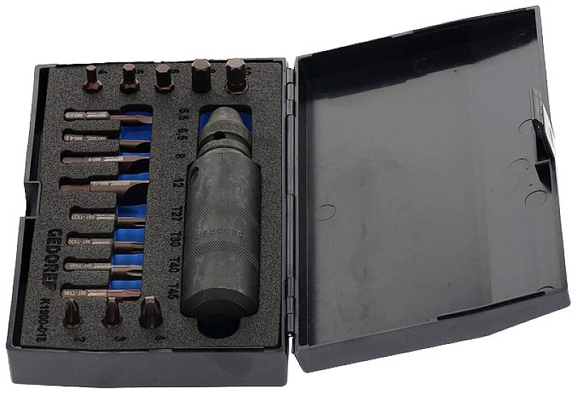 Schraubenausdreher-Set in geöffneter Box, enthält verschiedene Schraubköpfe und einen Halter, geeignet zum Entfernen beschädigter Schrauben.