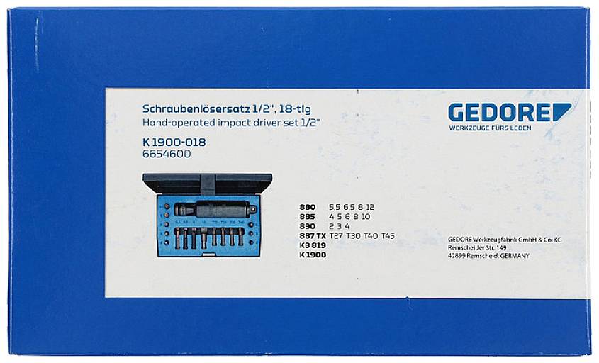 'Schraubenlösersatz 1/2", 18-teilig'. Enthält Schraubendreher und Bits. Hersteller: Gedore, Deutschland. Artikelnummer: 6654600.