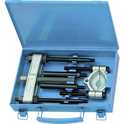 Eine blaue Metallkiste mit zerlegtem Abzieher-Set, bestehend aus Schrauben, Klemmen und Stangen für mechanische Arbeiten.