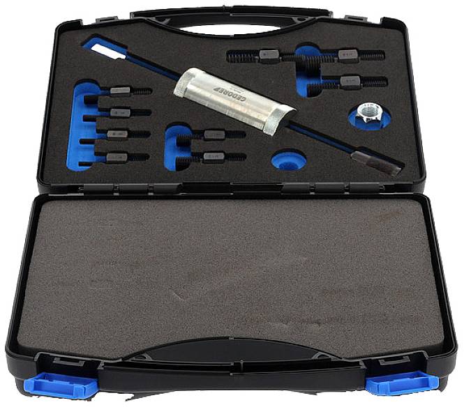 Werkzeugkoffer mit verschiedenen Schraubenziehern und Werkzeugen im Schaumstoffeinsatz, geöffnet zur Ansicht der Inhalte.