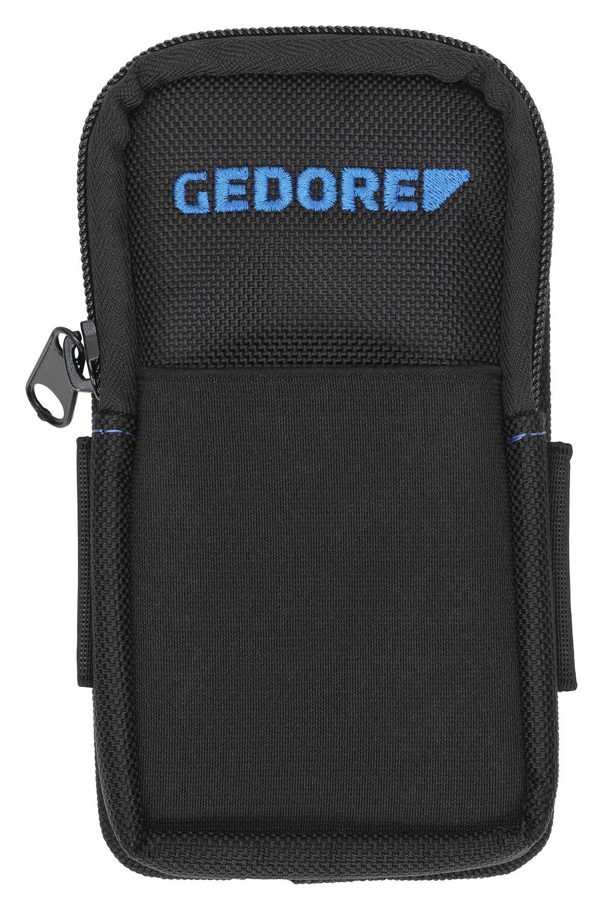 Schwarze Werkzeugtasche mit blauer Aufschrift 'GEDORE'. Die Tasche hat einen Reißverschluss und seitliche Halterungen.