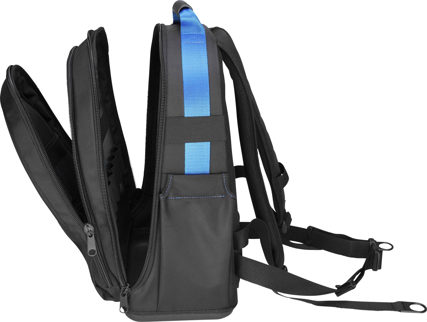 Schwarzer Rucksack mit blauen Streifen und mehreren Fächern, seitlich offen gezeigt, um Innenfächer zu verdeutlichen.