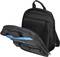 Schwarzer Rucksack mit blauem Innenfutter, geöffnet, zeigt Fächer für Laptop und Zubehör.