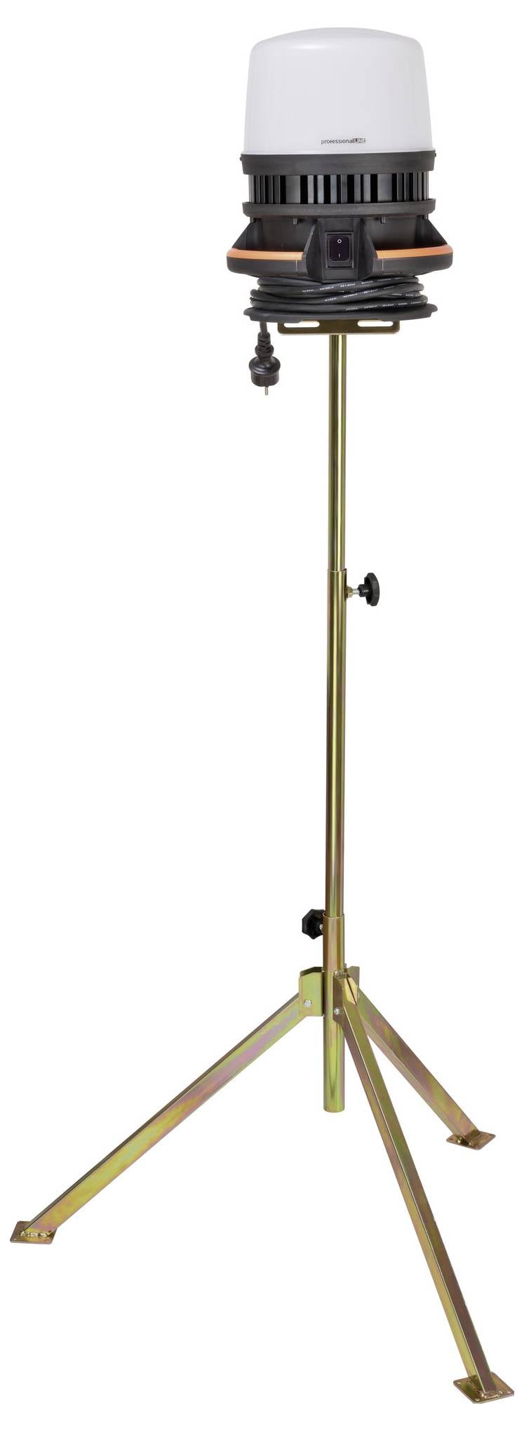 Hohes auf einem Stativ montiertes Vermessungs- oder Scangerät mit weißem Sensorkopf und schwarzem Gehäuse auf einem goldenen Ständer, vor neutralem Hintergrund dargestellt.