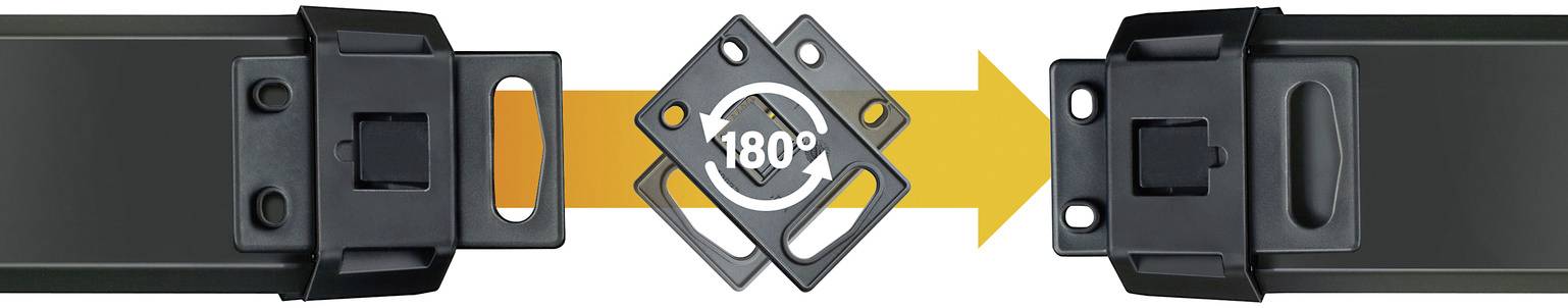 'Ein 180-Grad-Drehsystem verbindet zwei Gürtelteile. Ein orangefarbener Pfeil zeigt die Rotationsrichtung an.'