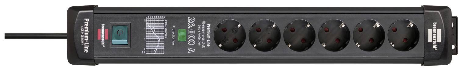 Schwarze Steckdosenleiste mit sechs Eurosteckdosen, Schalter und Überspannungsschutzanzeige.
