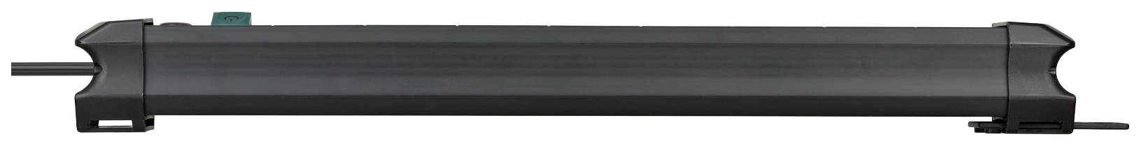 Schwarze, rechteckige elektrische Leiste mit einem sichtbaren Ein-/Ausschalter an der Oberseite, Kabel an beiden Enden.