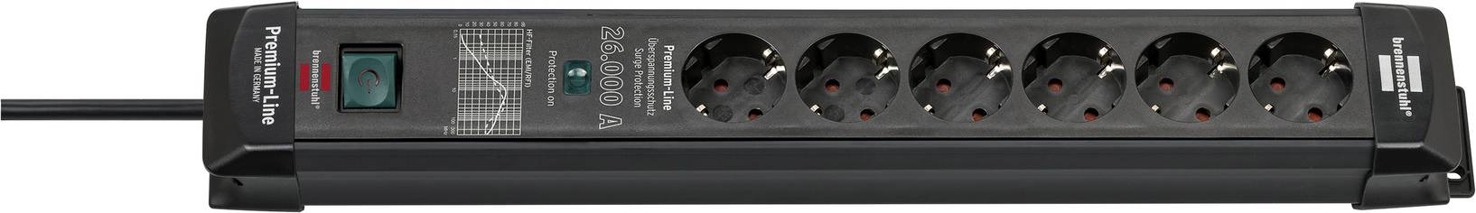 Eine schwarze Steckdosenleiste mit sechs Steckplätzen und einem Ein-/Ausschalter, geeignet für die Stromversorgung mehrerer Geräte.