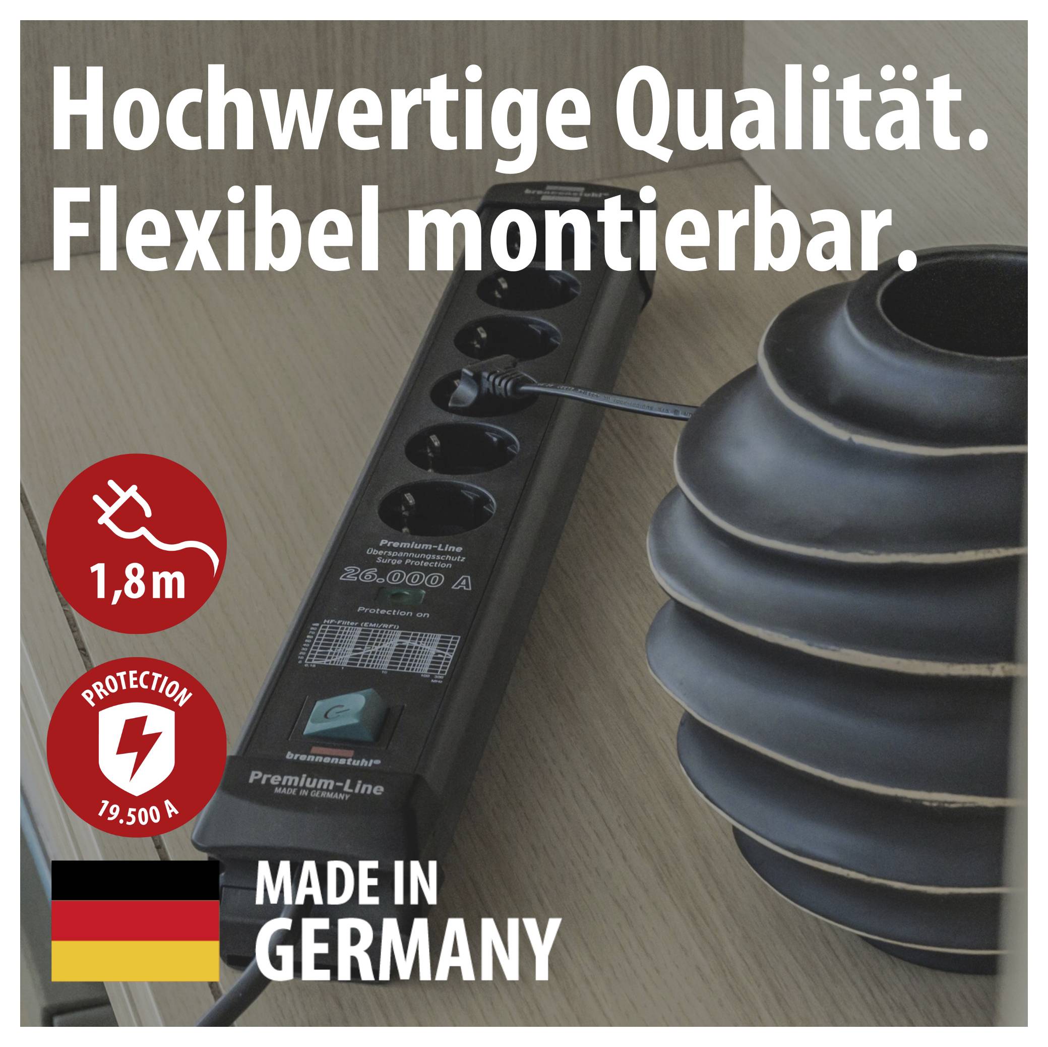 Werbung für eine flexible deutsche Steckdosenleiste mit 1,8 m Kabel und 19.500 A Überspannungsschutz; Text: 'Hochwertige Qualität. Flexibel montierbar. Made in Germany.'<br>