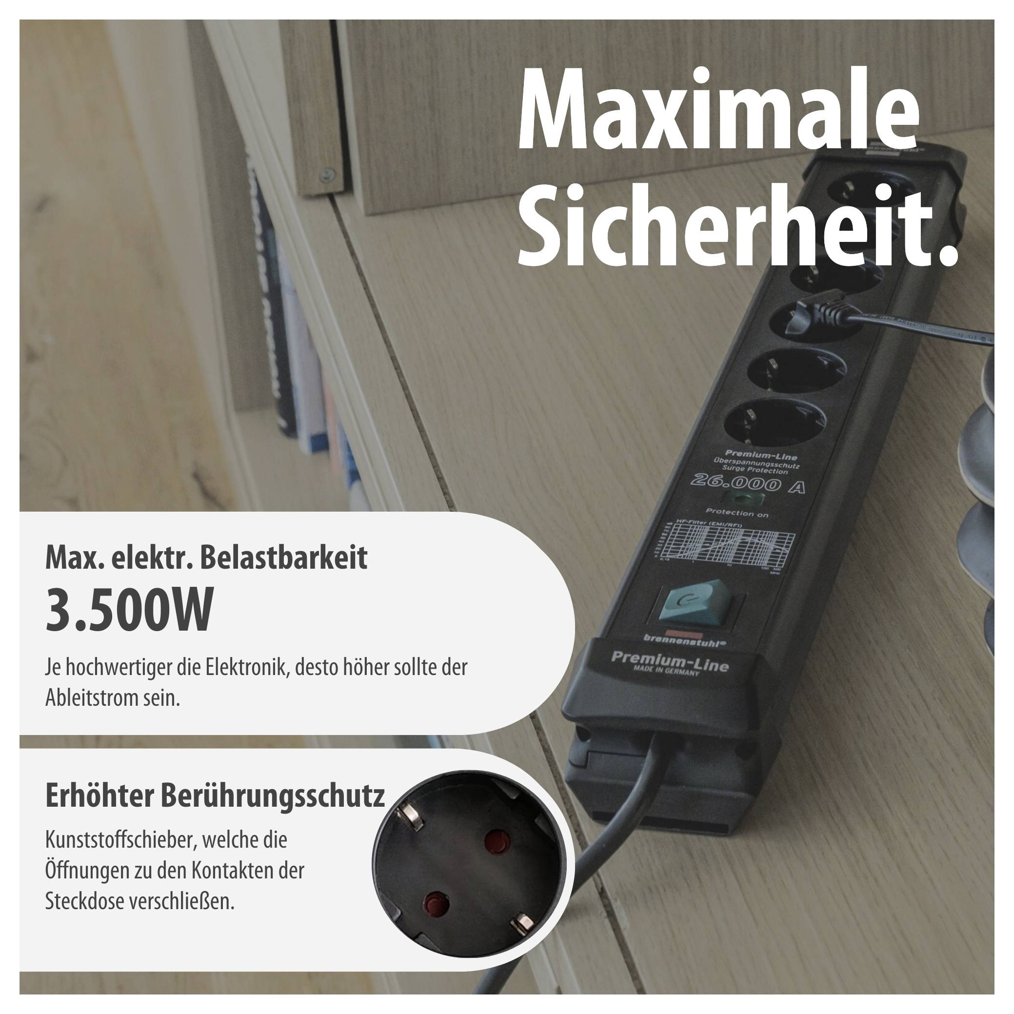 Werbung für eine Steckdosenleiste mit 'Maximale Sicherheit'; hervorgehoben werden 3.500 W Belastbarkeit und erhöhter Berührungsschutz.
