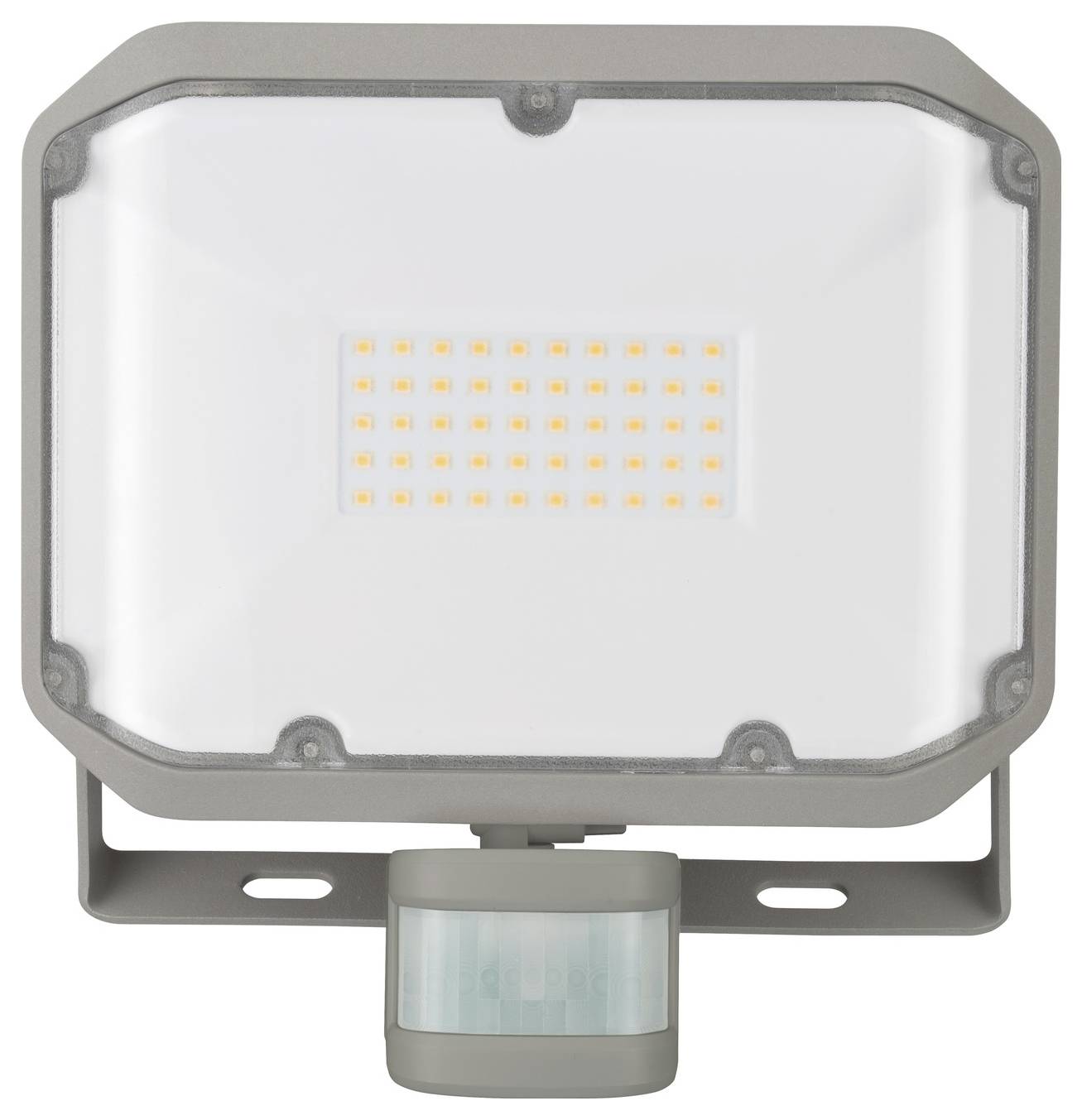 Bewegungsmelder-LED-Flutlicht mit rechteckigem grauem Gehäuse, zentraler Leuchtplatte und zylindrischer Sensormontage an der Unterseite.