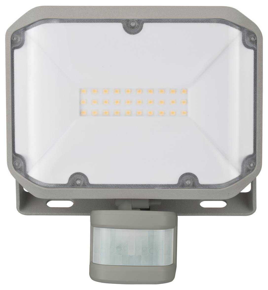Outdoor-LED-Flutlicht mit Bewegungsmelder, Vorderansicht auf weißem Hintergrund.