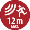 Rotes Rundwarnschild mit laufender Figur und Schallwellen, gekennzeichnet mit „12 m MAX.", das eine maximale Entfernung oder Grenze von 12 Metern anzeigt.
