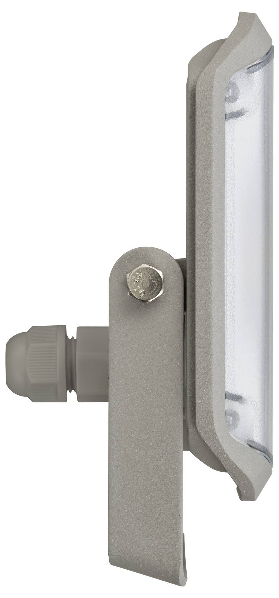 Seitenansicht einer grauen Metallwandleuchte mit klarer Linse und seitlichem Kabelstecker.