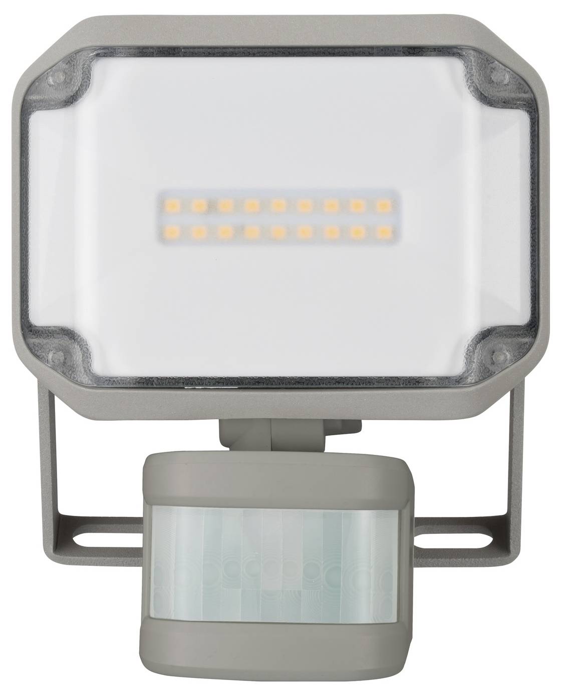 Ein LED-Flutlicht mit darunter montiertem Bewegungsmelder, Vorderansicht auf weißem Hintergrund dargestellt.