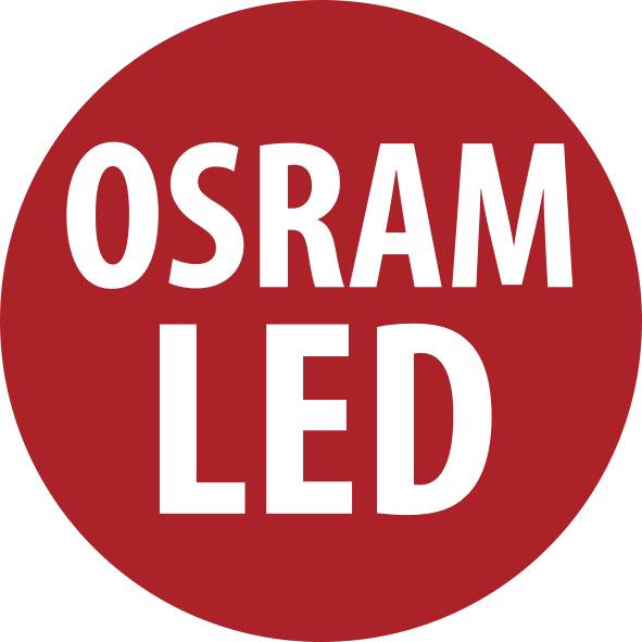 Rotes kreisförmiges OSRAM LED-Logo mit weißem Text "OSRAM" über "LED".
