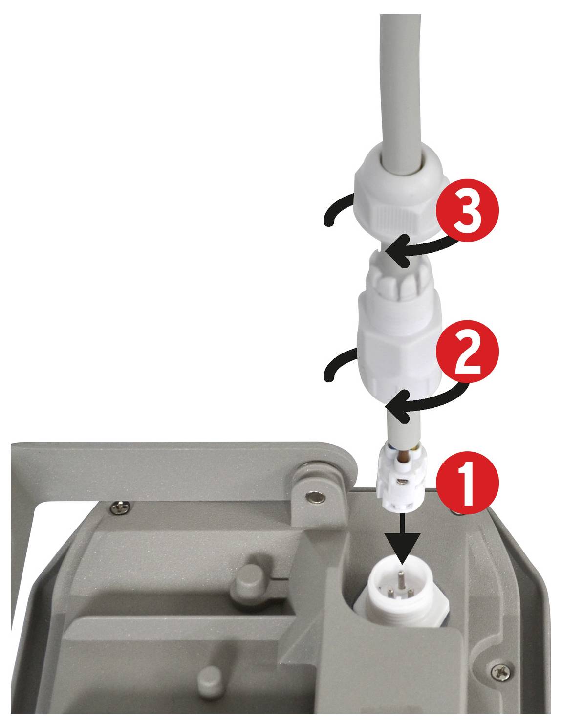 Diagramm, das zeigt, wie ein Kabel in drei Schritten angeschlossen wird: Den Stecker in die Buchse einführen, die untere Manschette nach oben schieben und dann die obere Manschette anziehen.