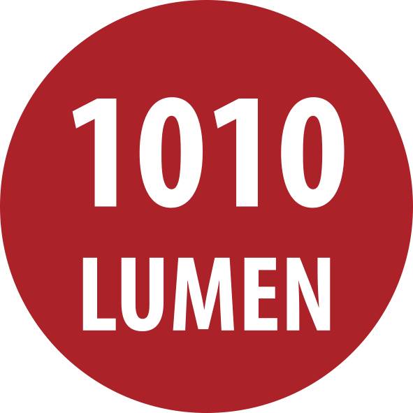 Rotes rundes Etikett mit weißem Text „1010 LUMEN".