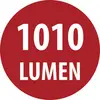 Rotes rundes Etikett mit weißem Text „1010 LUMEN".