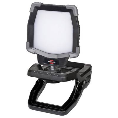 Tragbare LED-Arbeitsleuchte auf einem klappbaren Ständer, Frontansicht mit großem quadratischem Lampenkopf und schwarz-grauem Gehäuse.