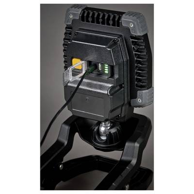 Nahaufnahme eines robusten schwarzen Geräts, das durch ein Kabel verbunden ist und einen beleuchteten Ethernet-ähnlichen Anschluss sowie grüne Status-LEDs auf der Rückseite zeigt.