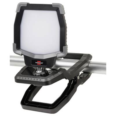 Tragbare LED-Arbeitsleuchte mit Klemme an einer Metallschiene, verstellbarem schwarzem und grauem Rahmen und hellem quadratischen Diffusor.