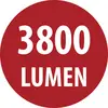 Rotes kreisförmiges Etikett mit weißem Text „3800 LUMEN".