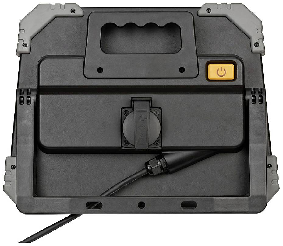Ein schwarzer tragbarer Akku mit Griff, großem gelbem Ein-/Ausschalter, Ladeanschluss und einem angeschlossenen Kabel.
