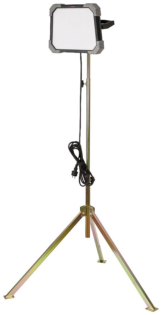 Hochwertiger LED-Baustrahler auf einem dreibeinigen Stativ mit höhenverstellbarem Gestell und schwarzem Netzkabel.