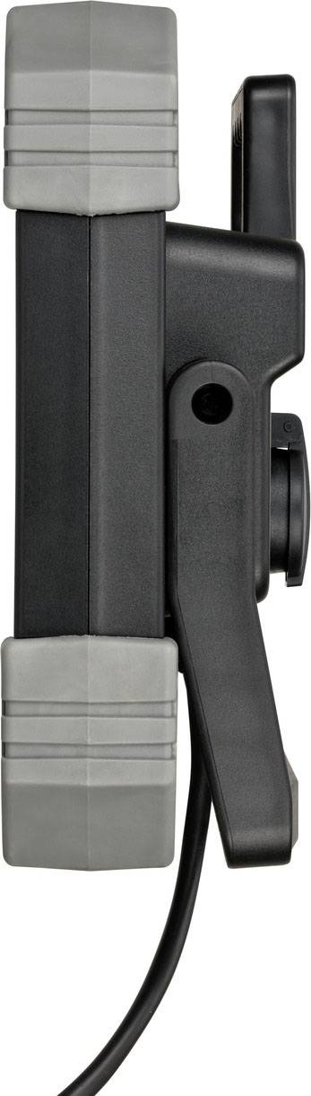 Seitliche Ansicht eines schwarzen Geräts mit einem Kabel, das oben und unten graue Abdeckungen hat. Möglicherweise Teil eines elektronischen Systems.