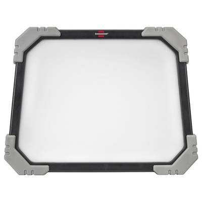 Rechteckiges tragbares Lichtpanel mit schwarzem Rahmen und grauen Eckenschutzen, in Vorderansicht vor weißem Hintergrund dargestellt.