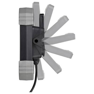 Eine an der Wand montierte, faltbare LED-Leuchte mit mehreren durchscheinenden Paneelen, die sich fächerförmig von einer dunklen Mittelbasis ausbreiten, teilweise ausgeklappt mit Stromkabel dargestellt.