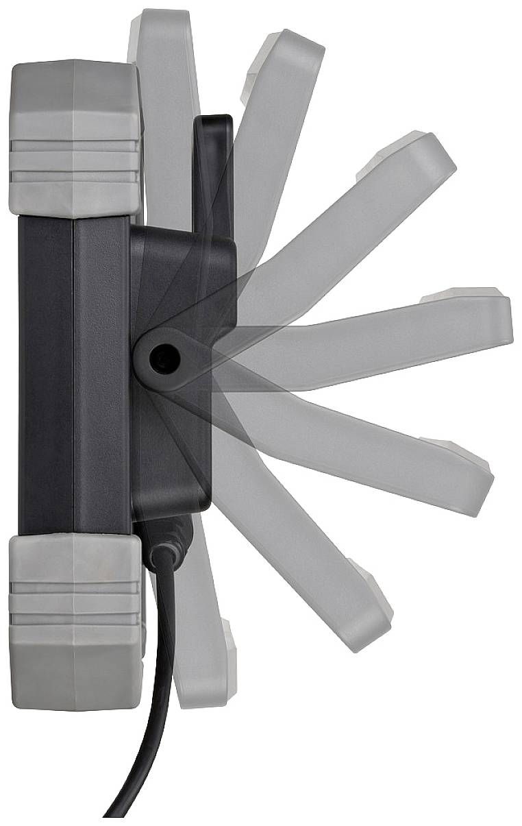 Eine graue Lampe mit Gelenkfuge ist in mehreren Rotationsstufen dargestellt. Ein Stromkabel ist an der unteren Seite angeschlossen.