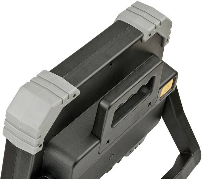 Tragbarer Arbeitsleuchtengriff in Schwarz mit grauen Akzenten, gelber Einschaltknopf, rechteckige Form, aus Kunststoff.