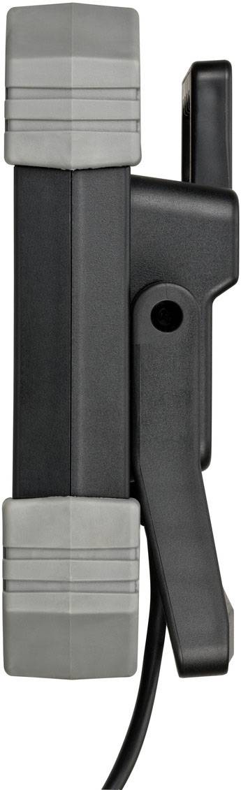 Seitliche Ansicht eines schwarzen, rechteckigen Geräts mit grauen Enden und Anschlusskabel.