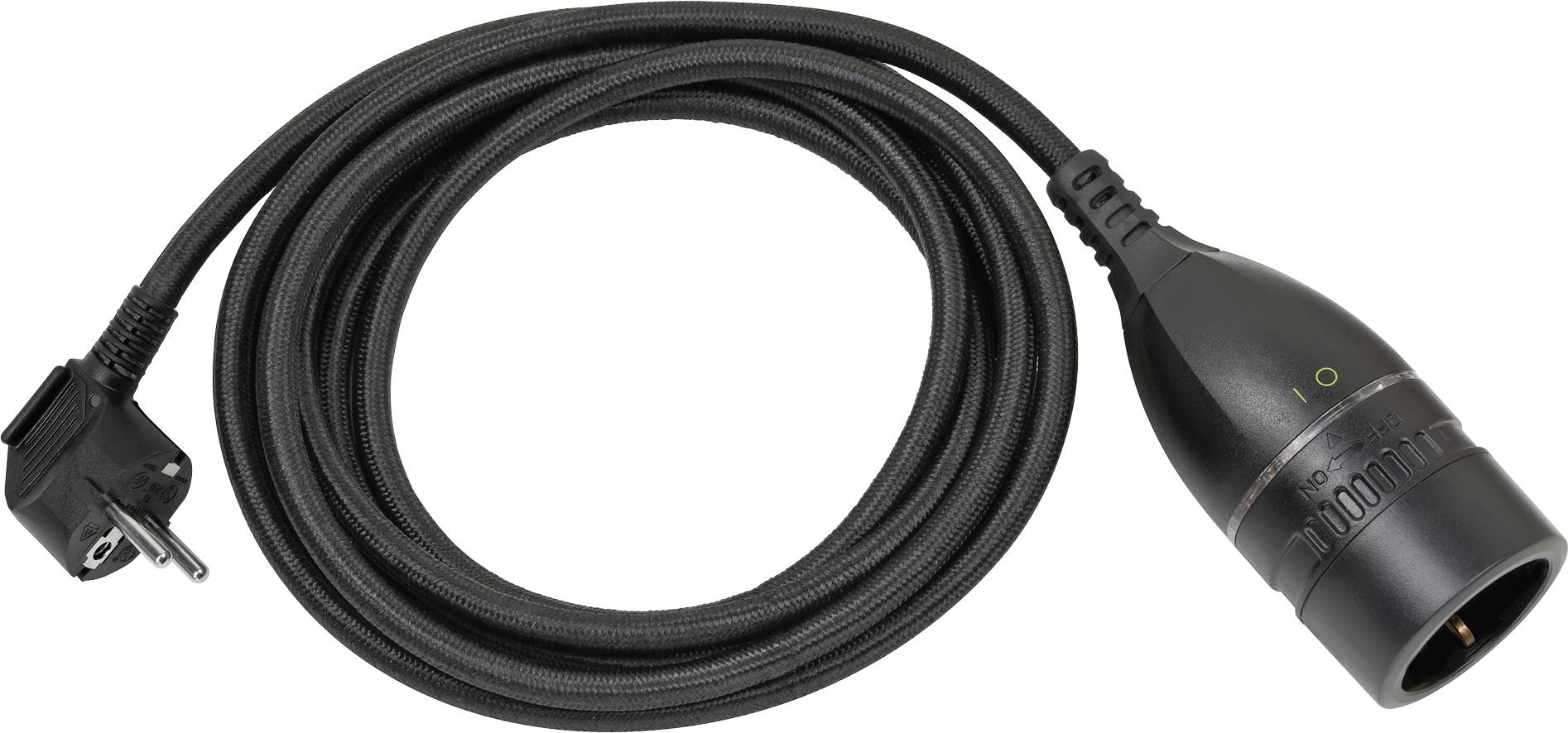 Schwarzes geflochtenes Stromverlängerungskabel mit europäischem Stecker an einem Ende und Steckverbinder am anderen Ende.