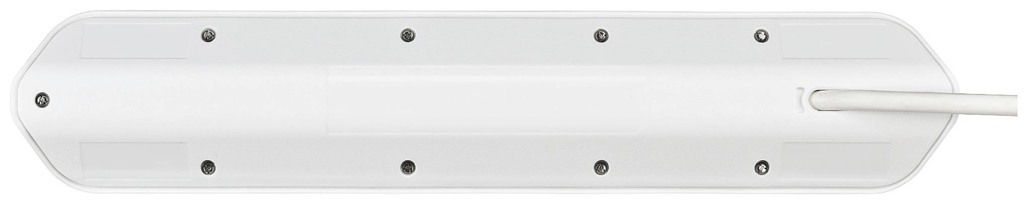 Eine weiße Steckdosenleiste mit mehreren Anschlüssen, Kabel auf der rechten Seite.