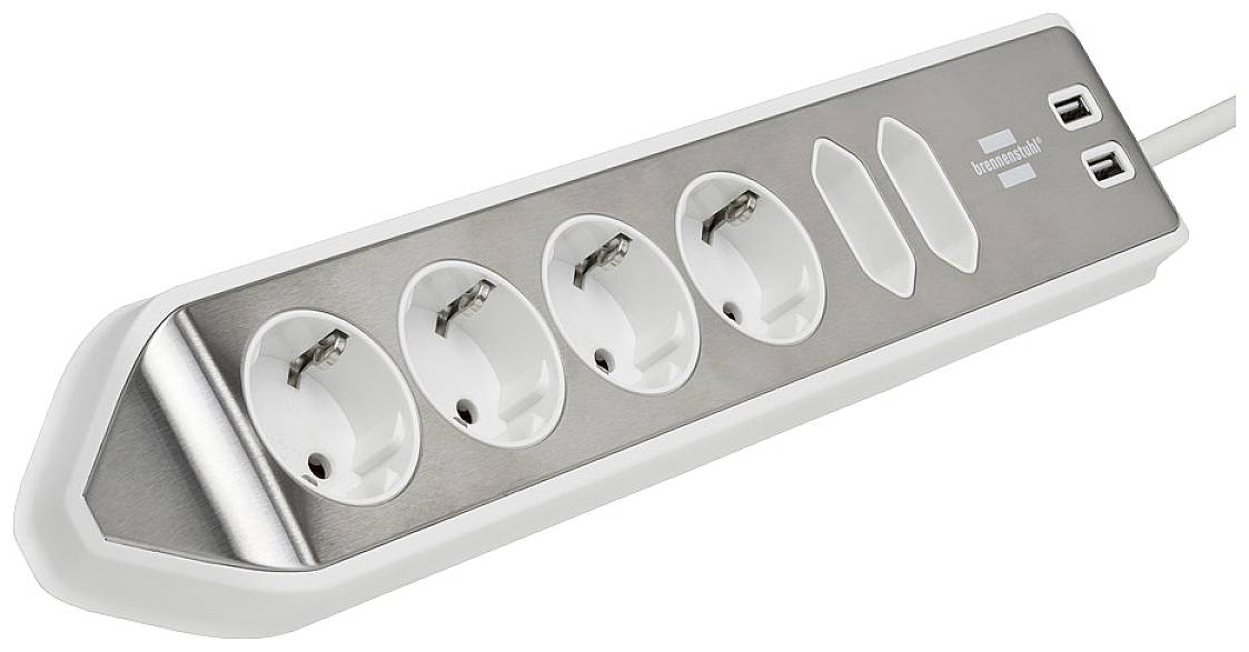 Eine silberne Mehrfachsteckdose mit fünf Schuko-Steckplätzen und zwei USB-Anschlüssen.