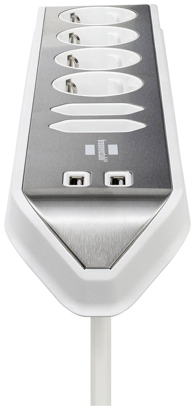 Ein silber-weißer Mehrfachsteckdosenleiste mit sechs Steckplätzen und einem Kabel; geeignet für elektronische Geräte.