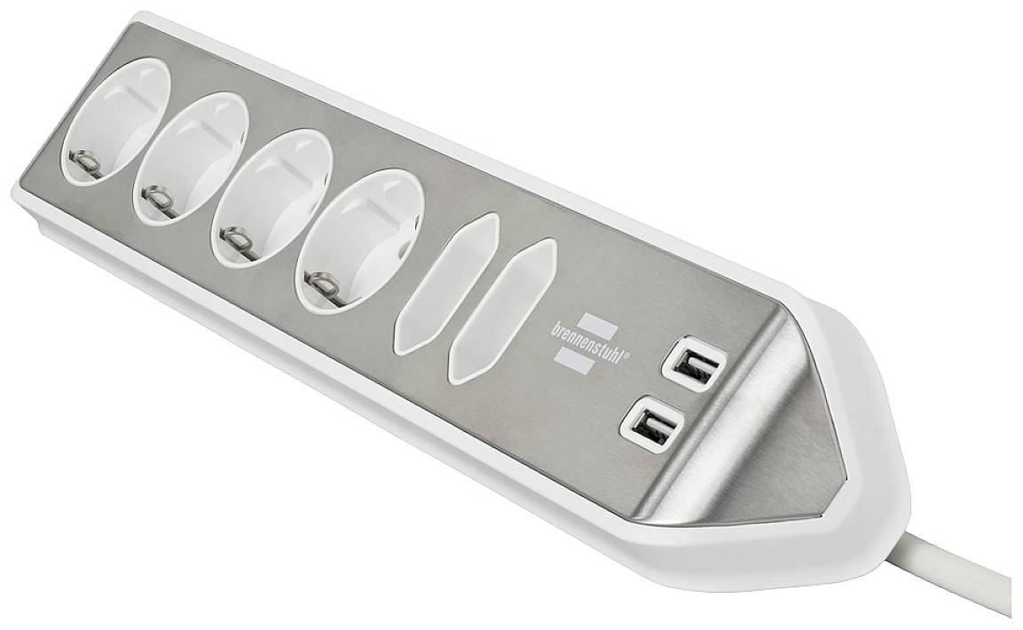 Weiße Steckdosenleiste mit fünf Steckplätzen und zwei USB-Anschlüssen auf der rechten Seite, geeignet für elektrischen Gebrauch.