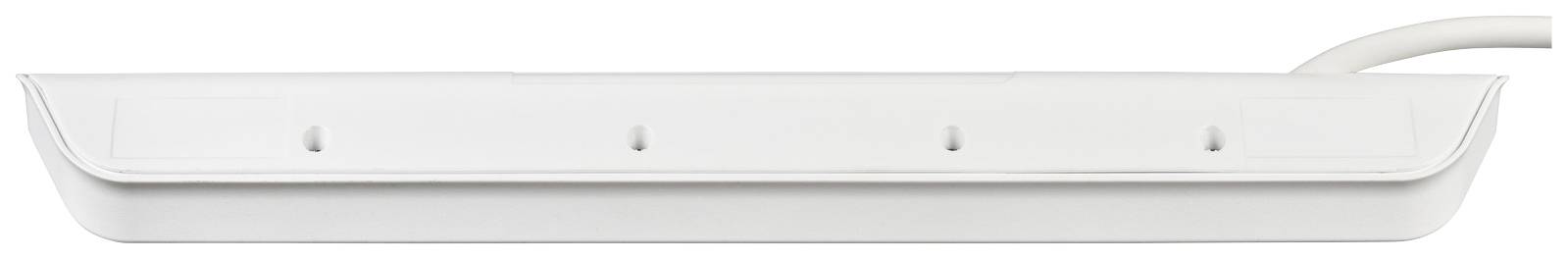 Weiße Mehrfachsteckdose mit sechs Anschlüssen, ohne eingesteckte Stecker.