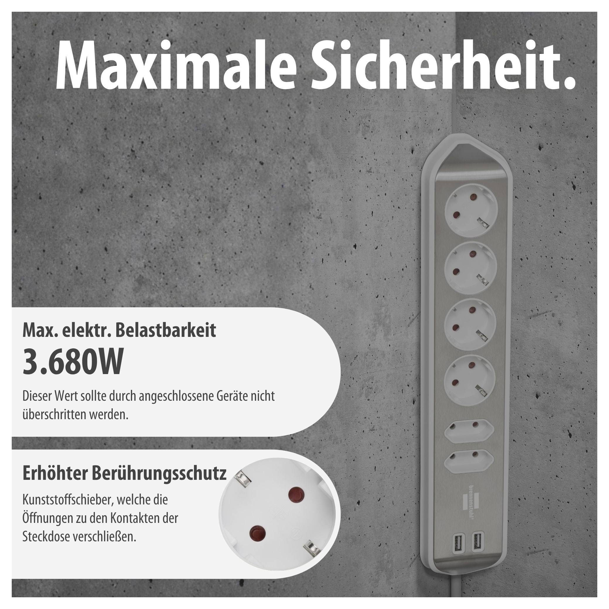 Werbeabbildung einer Steckdosenleiste mit 'Maximale Sicherheit', 3.680 W Belastbarkeit und erhöhtem Berührungsschutz durch Abdeckschieber.