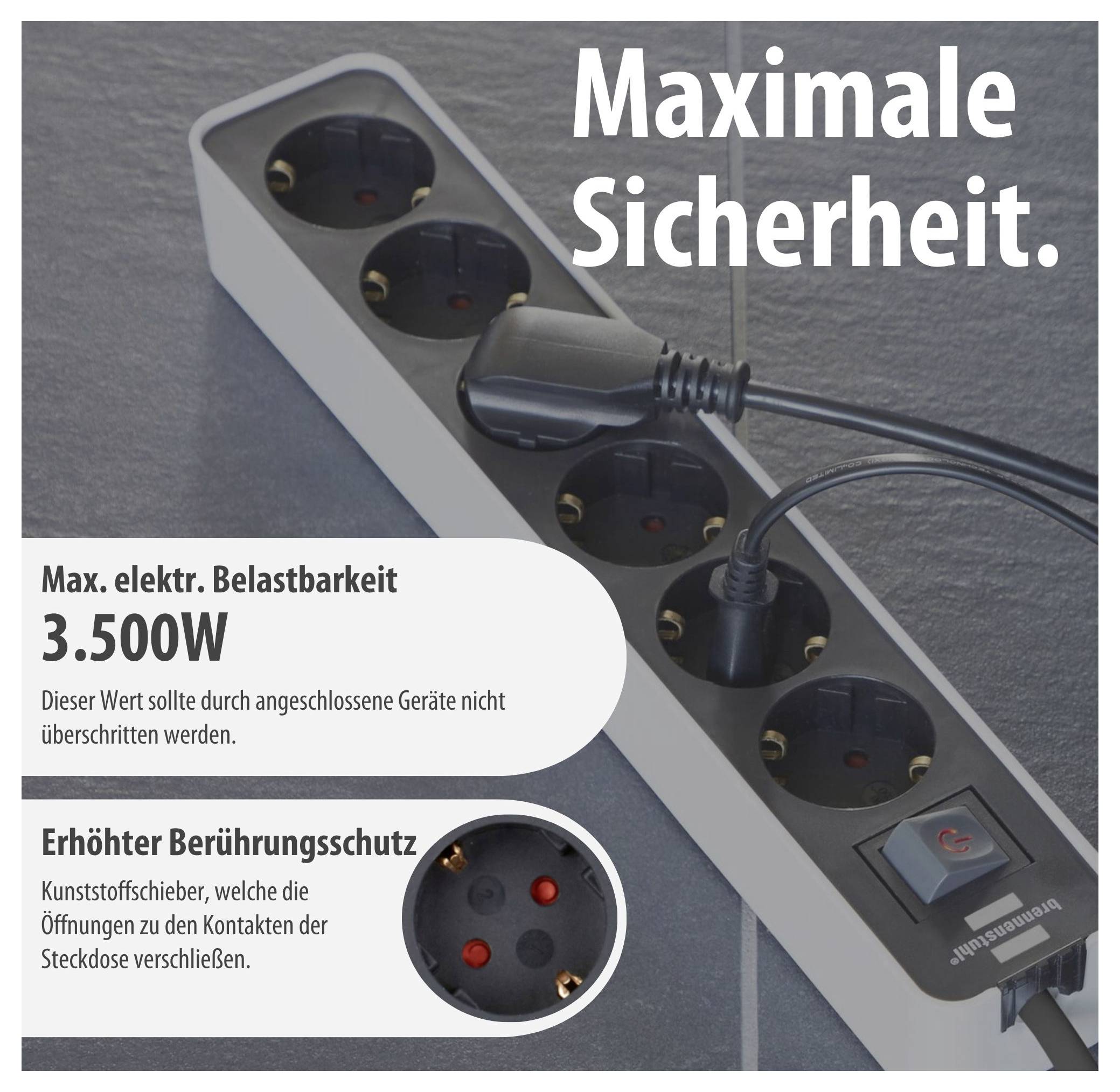 Werbebild einer Mehrfachsteckdose mit eingesteckten Geräten und dem Text 'Maximale Sicherheit.', 3.500 W Belastbarkeit und erhöhtem Berührungsschutz.