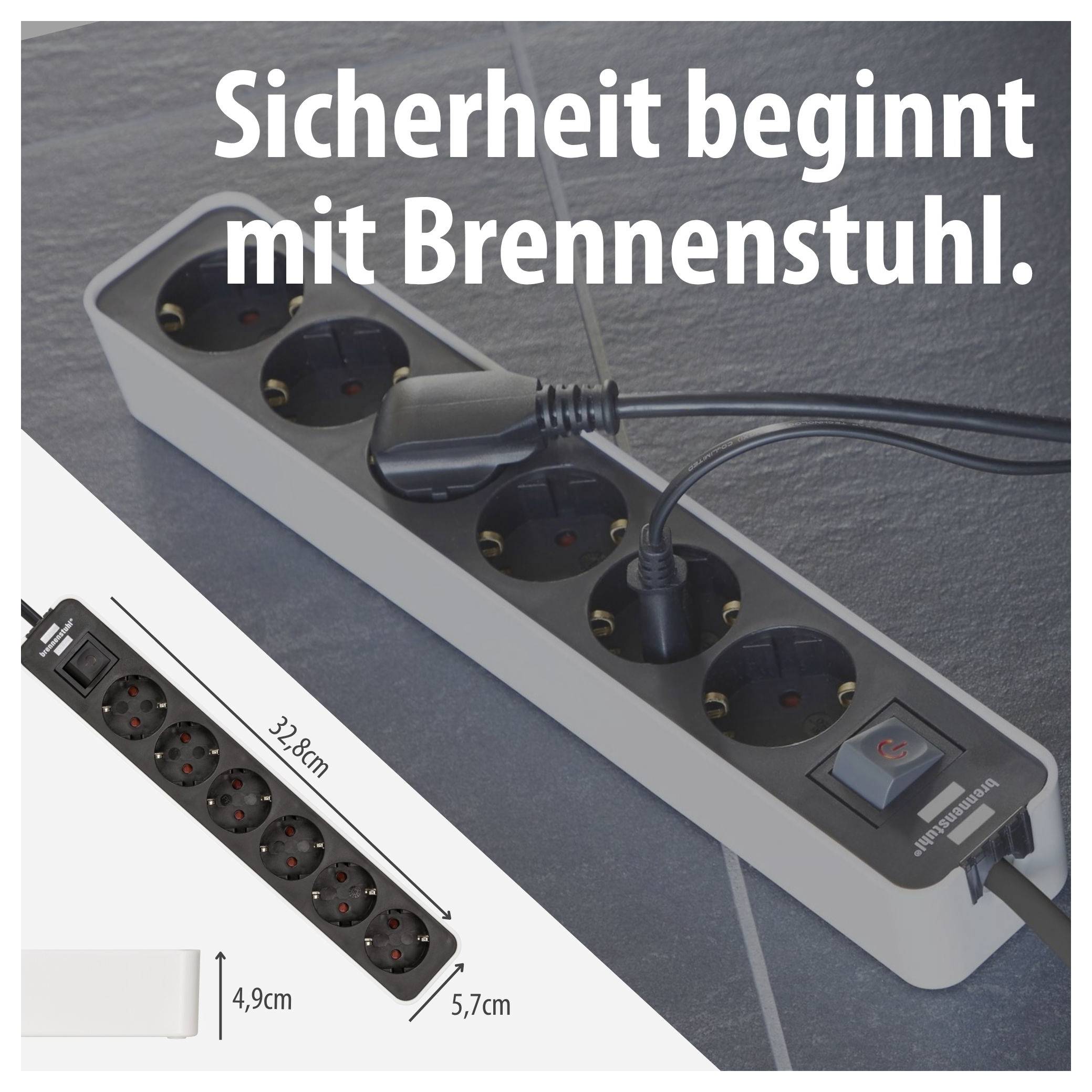 Steckdosenleiste Brennenstuhl mit fünf Steckplätzen und Ein-/Ausschalter; Text: 'Sicherheit beginnt mit Brennenstuhl.'<br>