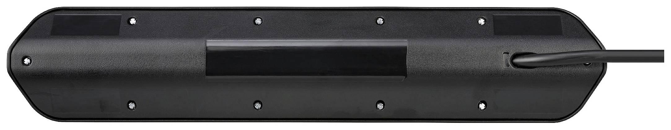 Ein schwarzes, rechteckiges Gerät mit abgerundeten Ecken und einem Kabel auf der rechten Seite. Es sind mehrere Schrauben sichtbar.