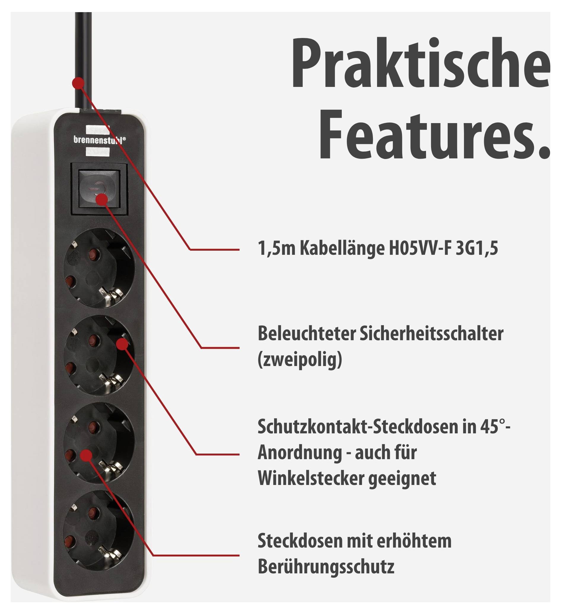 Steckdosenleiste mit 1,5 m Kabel: beleuchteter Sicherheitsschalter, 45°-Schuko-Steckdosen und erhöhter Berührungsschutz; 'Praktische Features.'<br>