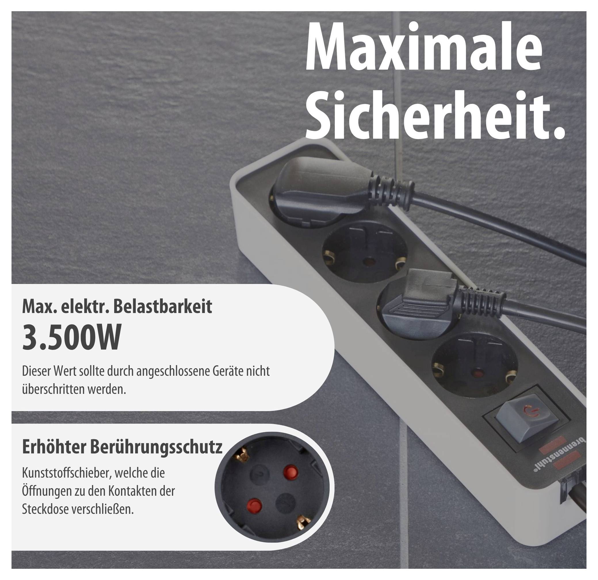 Werbung für Steckdosenleiste mit 'Maximale Sicherheit', 3.500 W Belastbarkeit und erhöhtem Berührungsschutz durch Abdeckschieber.