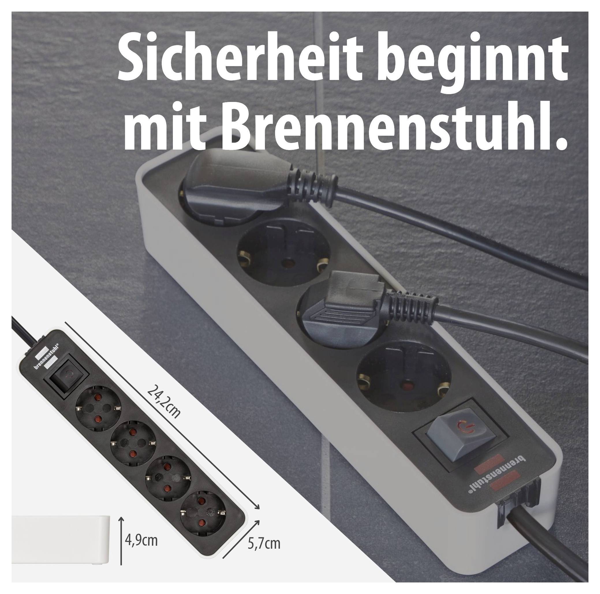 Werbebild einer Brennenstuhl-Steckdosenleiste mit mehreren Steckplätzen und Schalter; Text: 'Sicherheit beginnt mit Brennenstuhl.'<br>