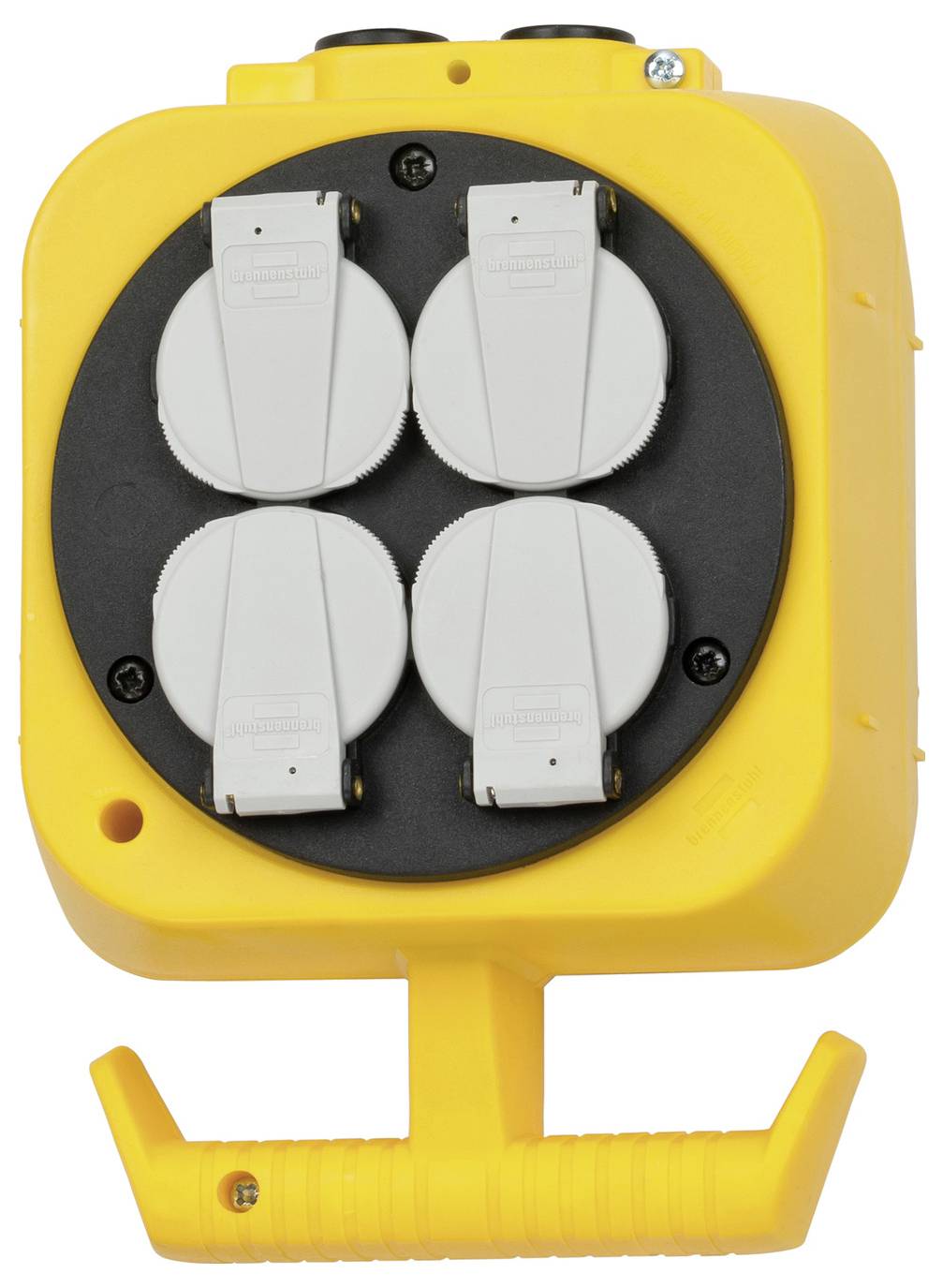 Gelbes wetterfestes Elektrosteckdosengehäuse mit vier abgedeckten Steckdosen und integriertem Griff, Frontansicht.