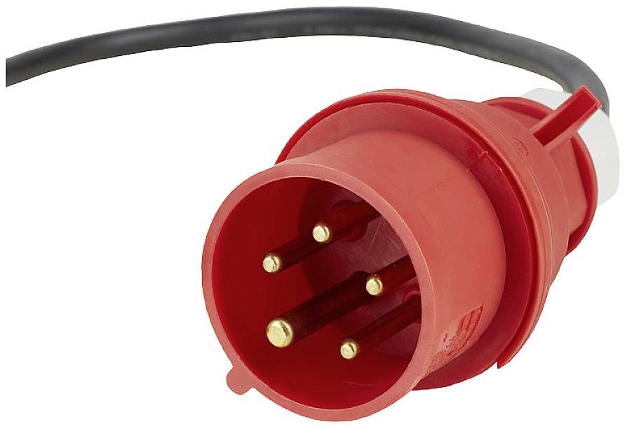 Roter CEE-Drehstromstecker mit Kabel, zeigt die Pins und Bauform.